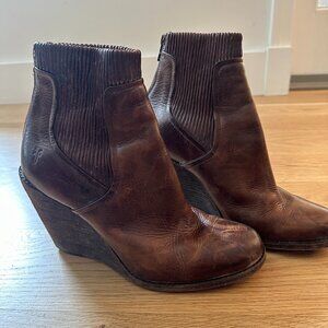 Frye Brown Leather Wedge Ankle Boots